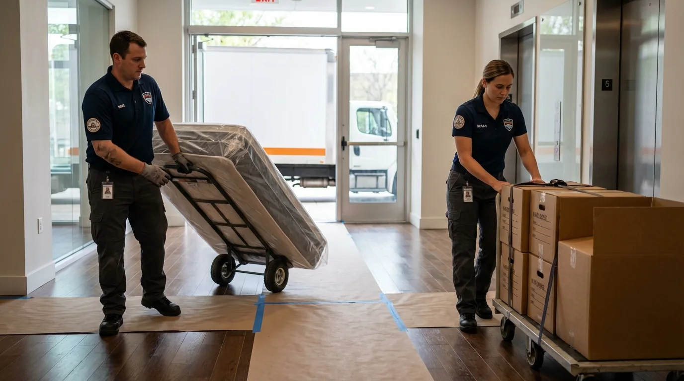 Professional apartment movers loading elevator in Morehead, KY