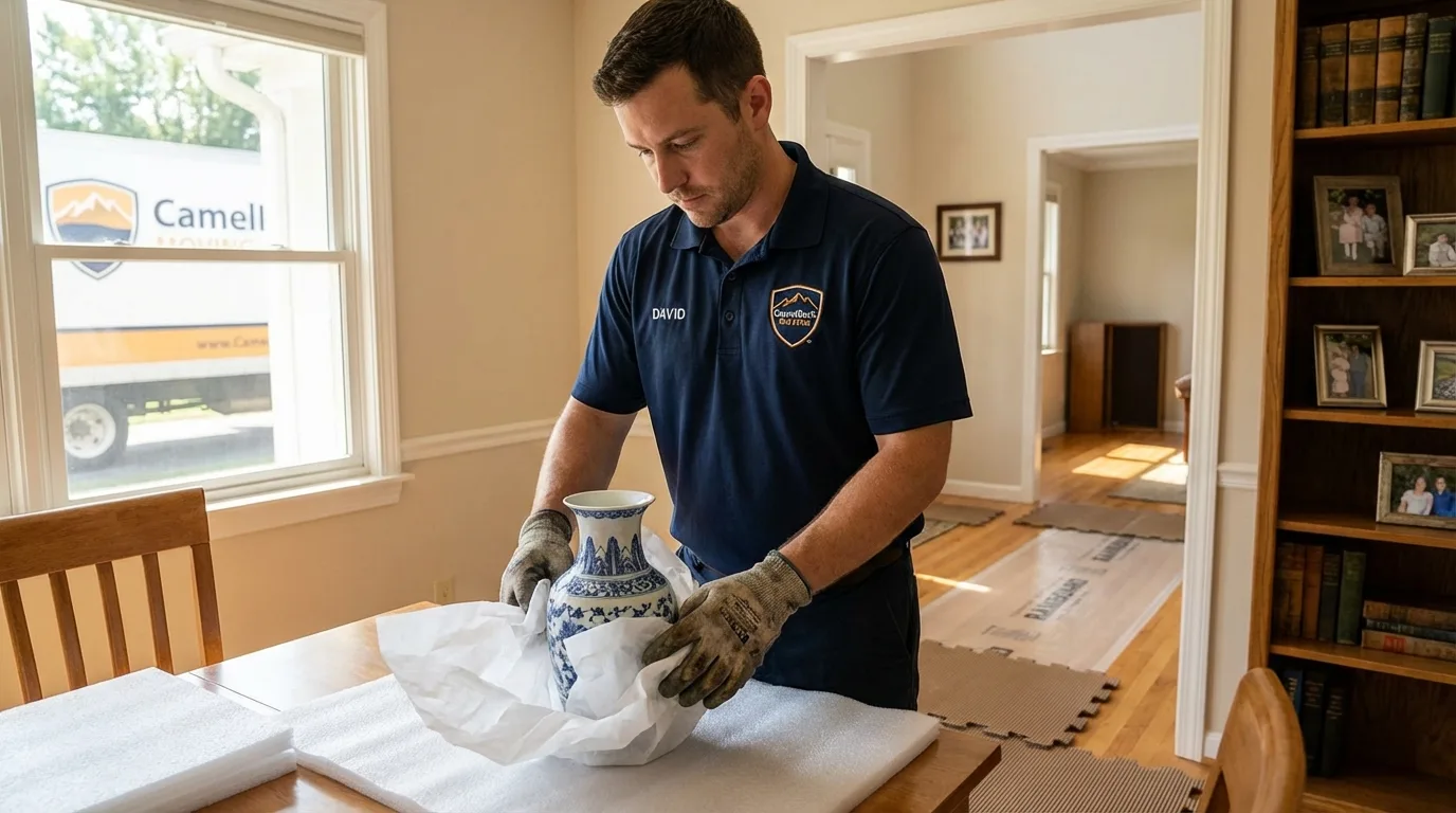 Professional crew carefully wrapping antique vase for senior downsizing move in Morehead, KY